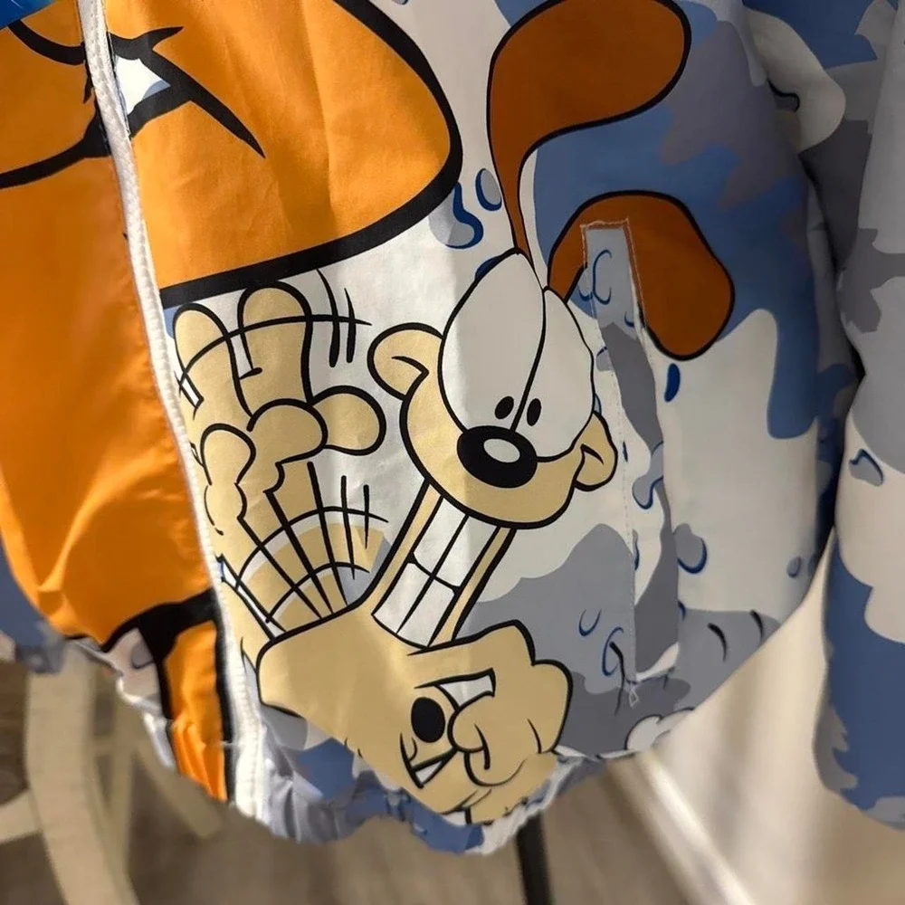 Members Only Garfield blue and white camouflage windbreaker jacket with orange